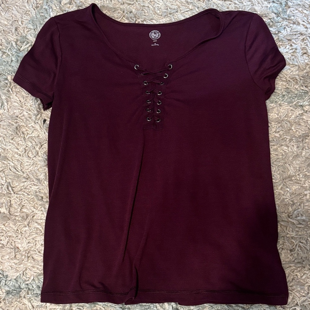 SO Women's Short Sleeve Burgundy Lace-Up Top